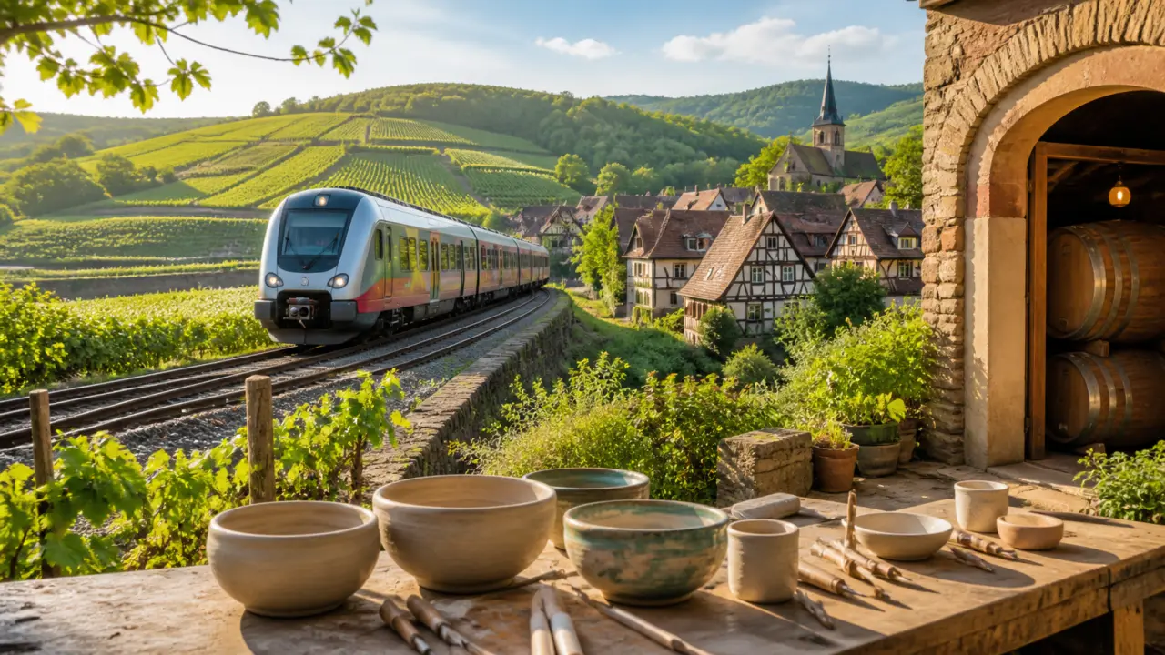 Paysage lumineux d'Alsace avec vignoble, table rustique et ambiance de terroir