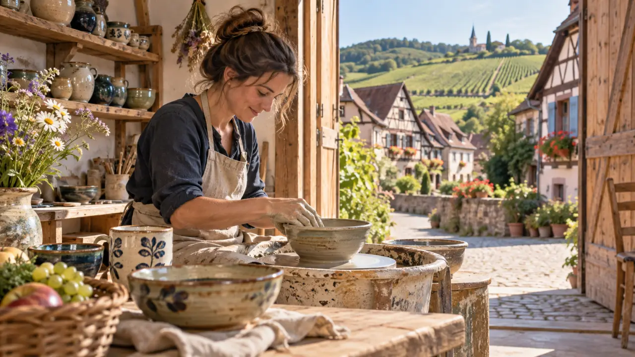 Village alsacien entouré de vignes, avec un atelier artisanal en premier plan