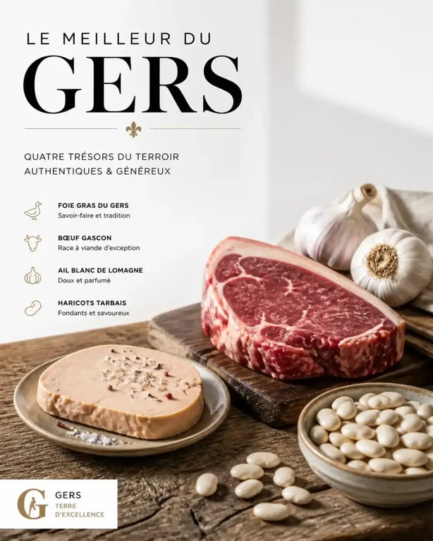 Produits du terroir gersois : foie gras, bœuf gascon, ail de Lomagne et haricots tarbais