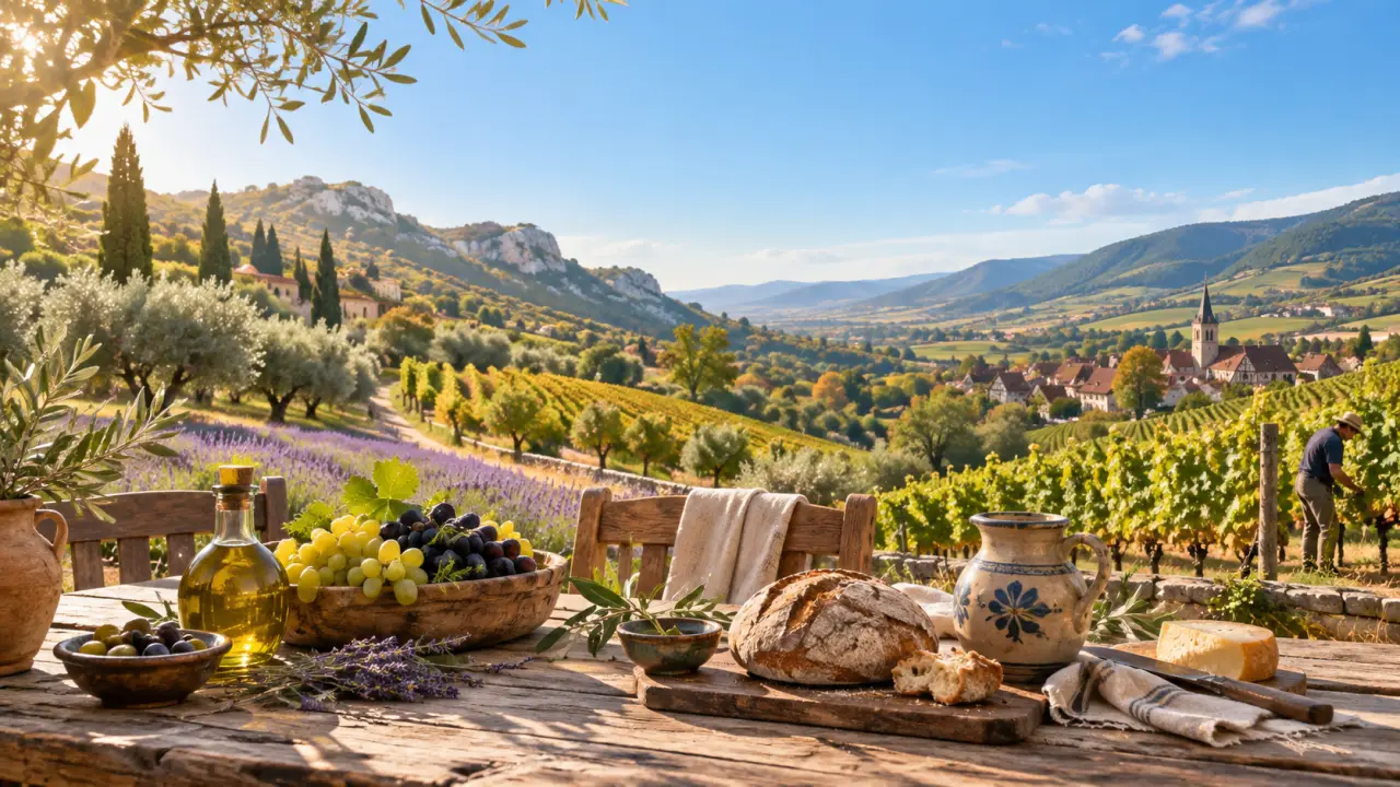 Paysage de terroir français baigné par une lumière douce, entre vignes et table conviviale