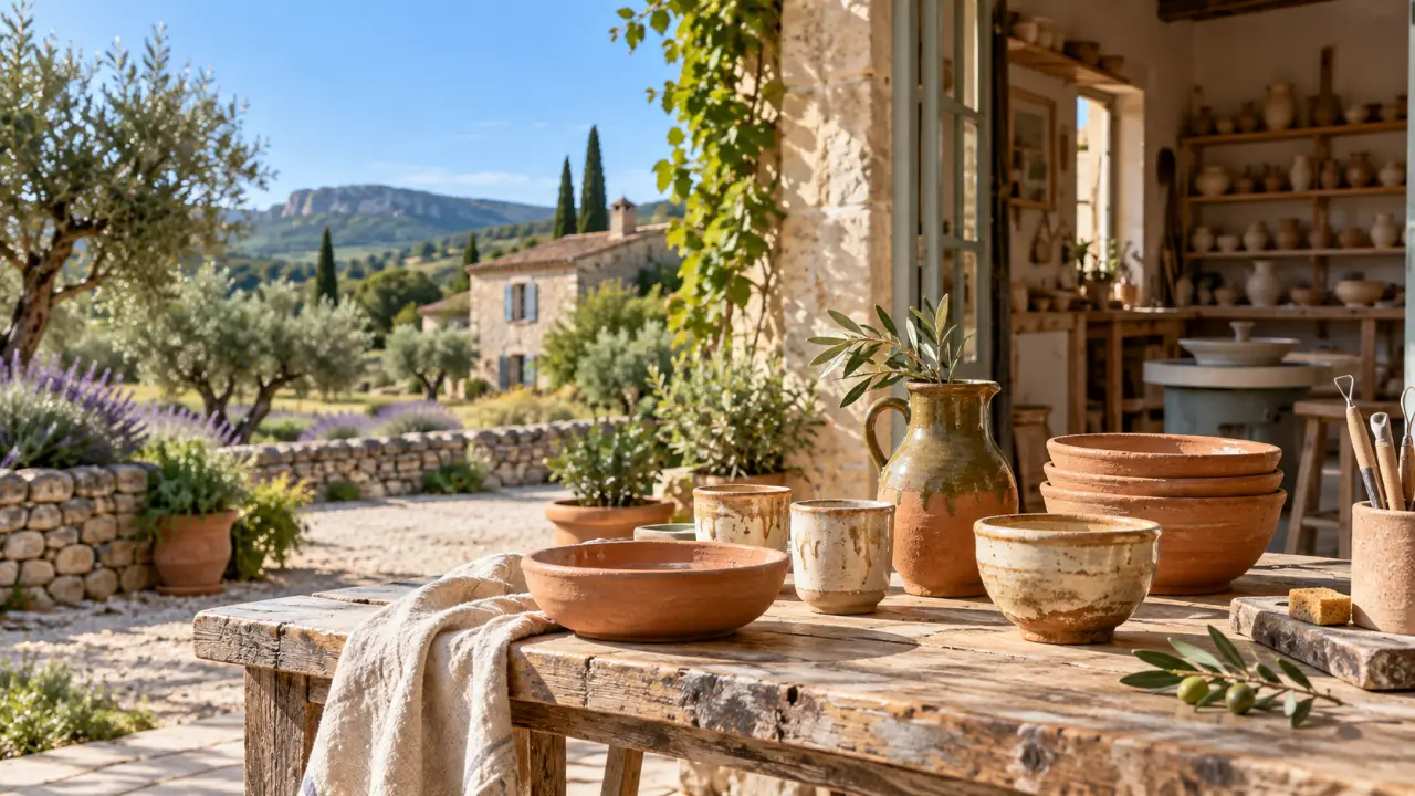 Mains d'un artisan travaillant la terre dans un atelier de poterie en Provence