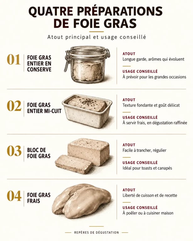 Conserverie foie gras Gers : comparaison des préparations en conserve, mi-cuit, bloc et frais