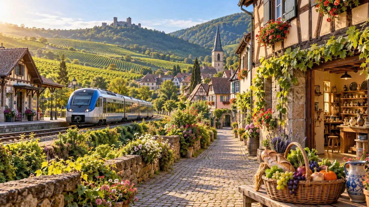 Village alsacien entre vignes et collines, découvert lors d'un voyage en train