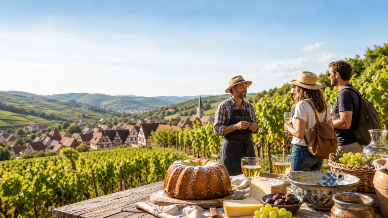 Vignoble alsacien au coucher du soleil avec une table gourmande au premier plan
