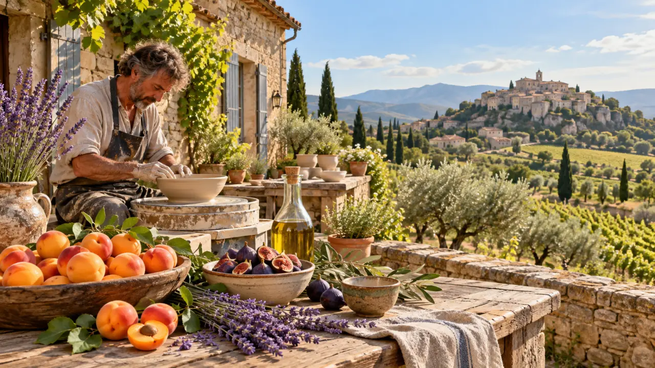 Paysage provençal avec vignobles, oliviers et table de produits du terroir
