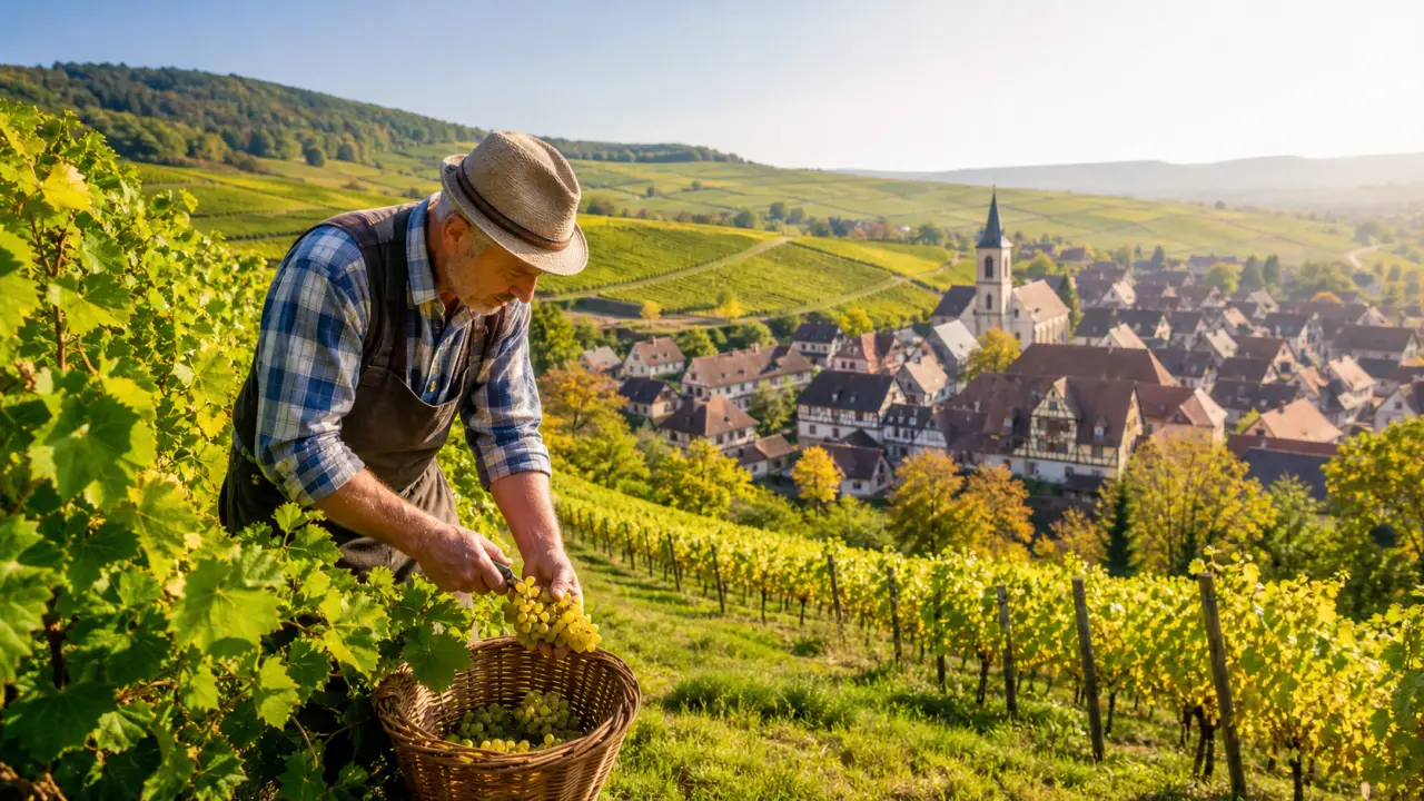 Vignoble alsacien au coucher du soleil avec table rustique, fromages et vin