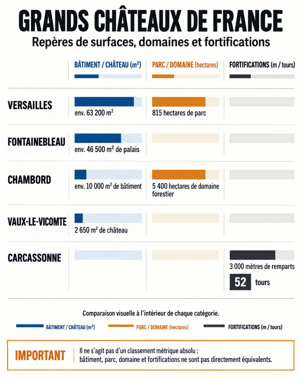 Infographie comparative sur les plus grands châteaux de France et leurs dimensions