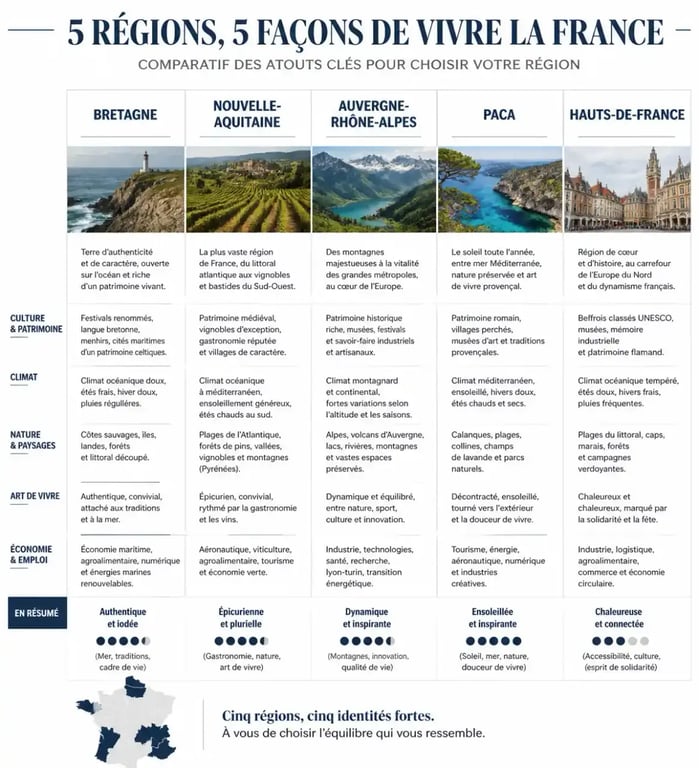 Infographie comparative des régions de France pour choisir la meilleure région de France selon son style de vie