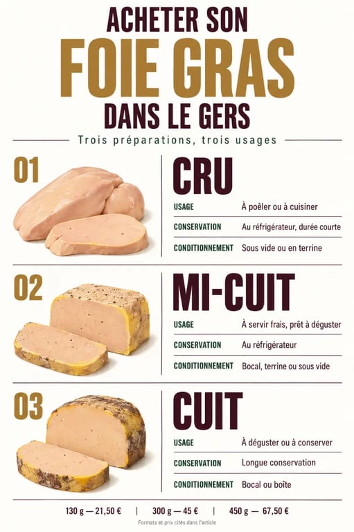 Infographie sur l'achat de foie gras dans le Gers : différences entre foie gras cru, mi-cuit et cuit, formats et prix