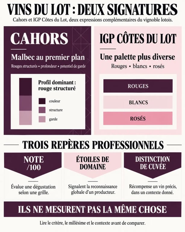 Infographie comparative des meilleurs vins du Lot entre Cahors et IGP Côtes du Lot