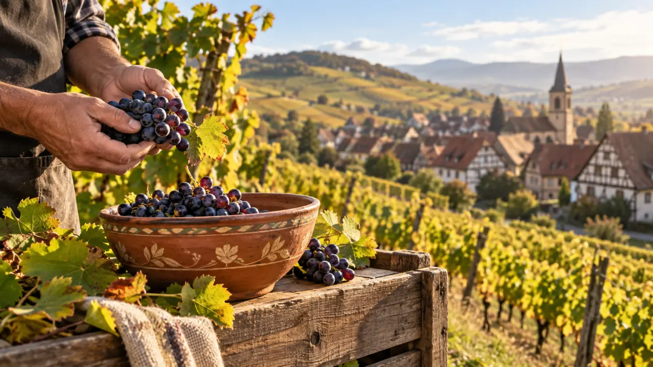 Vignoble alsacien baigné de lumière entre villages et collines