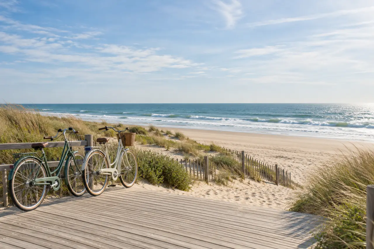 Été en France sur une plage de la façade atlantique avec vélos et dunes