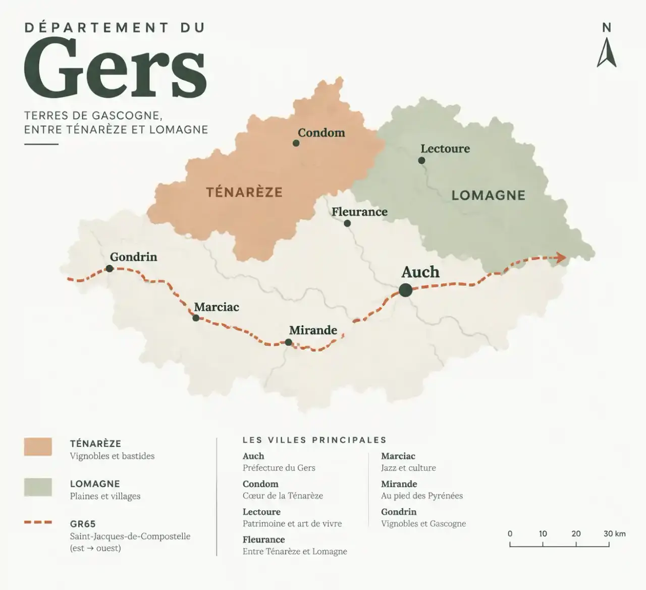Carte des zones pour choisir une location de vacances dans le Gers : Auch, Condom, Lectoure, Marciac et le GR65