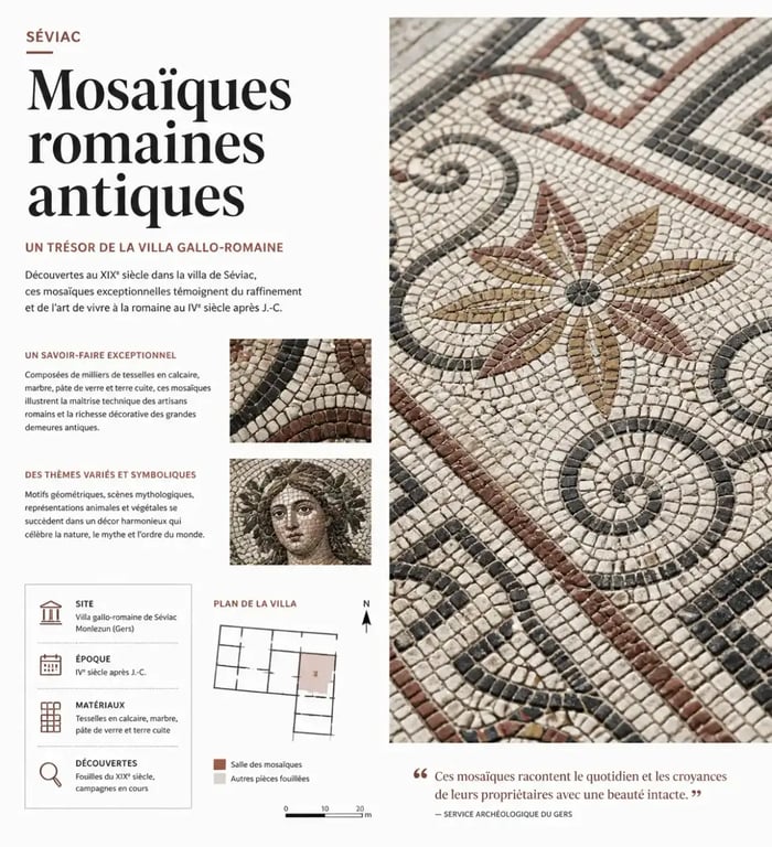 Mosaïques romaines de la villa de Séviac, héritage antique visite patrimoine Gers.