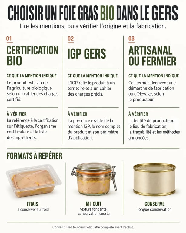 Infographie pour choisir un foie gras bio Gers en distinguant certification bio, IGP et fabrication artisanale