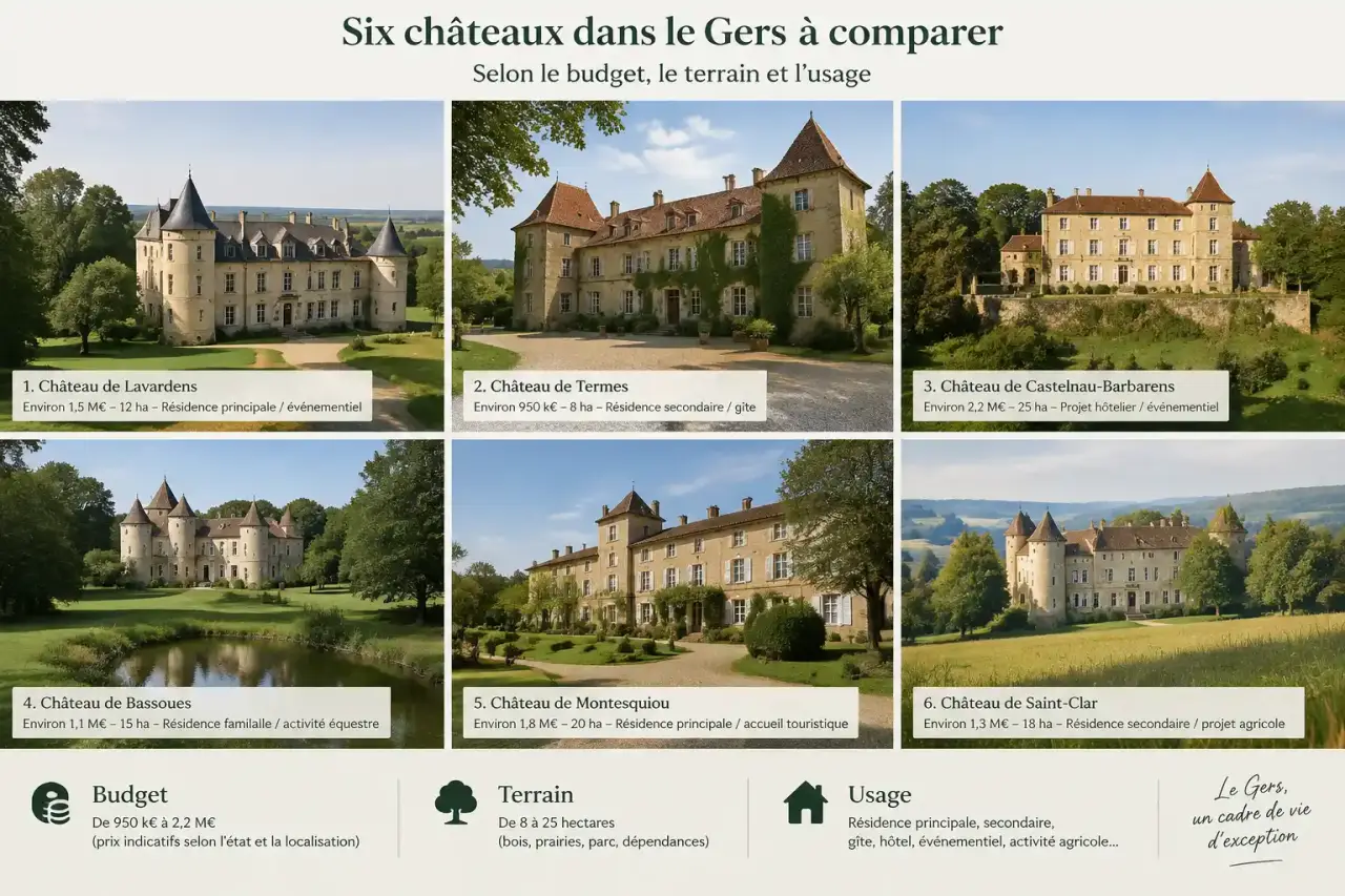 Six châteaux dans le Gers à comparer selon le budget, le terrain et l’usage