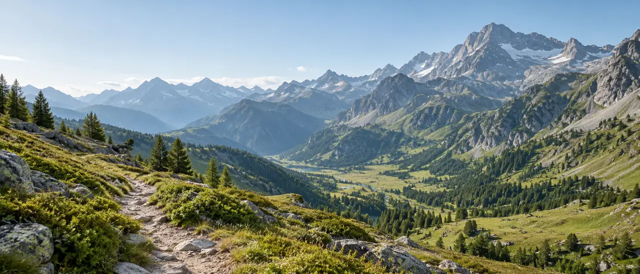 Paysage de montagne en France avec vallée, sentier et sommets