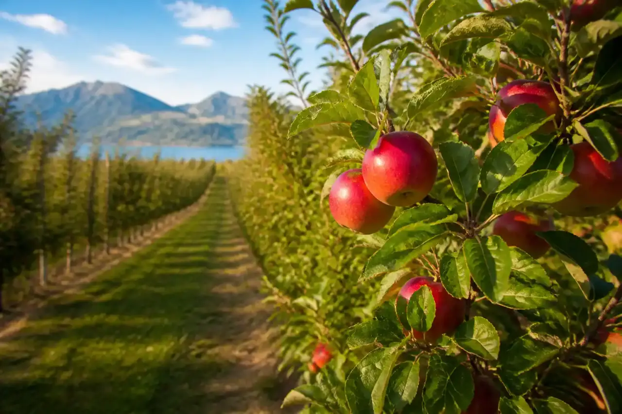 Verger français en fleurs au petit matin, rangées d'arbres fruitiers baignées de lumière dorée
