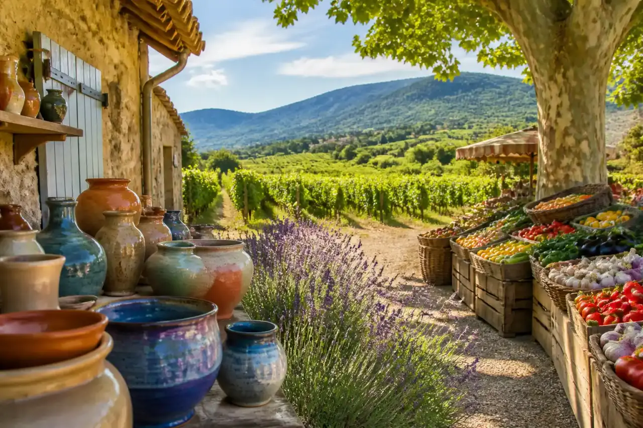 Vignoble provençal au coucher du soleil avec table rustique et produits du terroir