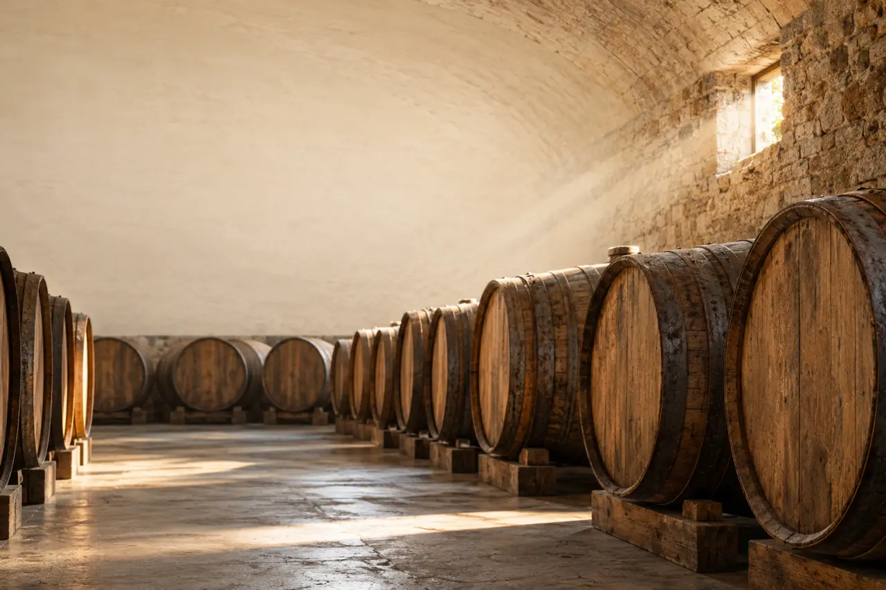 Chai d’un château d’Armagnac dans le Gers avec des fûts en bois