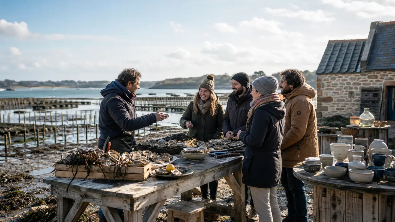 Vue lumineuse d'un paysage breton en hiver avec table gourmande et air marin