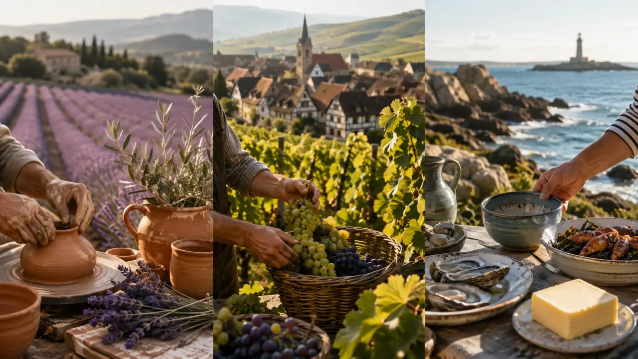 Vue lumineuse d'un vignoble français au coucher du soleil avec une table rustique garnie de fromages et de vin