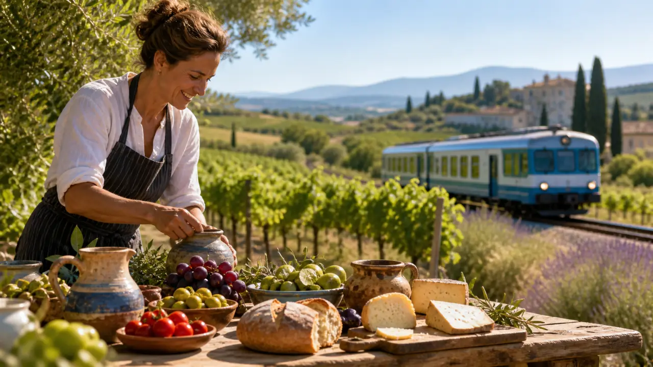 Table rustique dans un vignoble français au coucher du soleil, avec fromages et vin