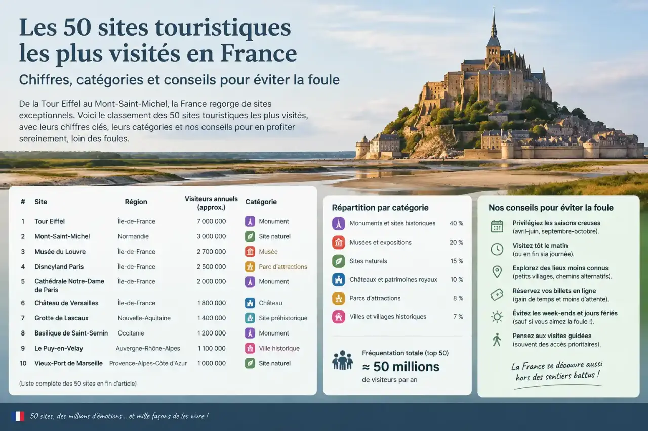 Les 50 sites touristiques les plus visités en France : chiffres, catégories et conseils pour éviter la foule