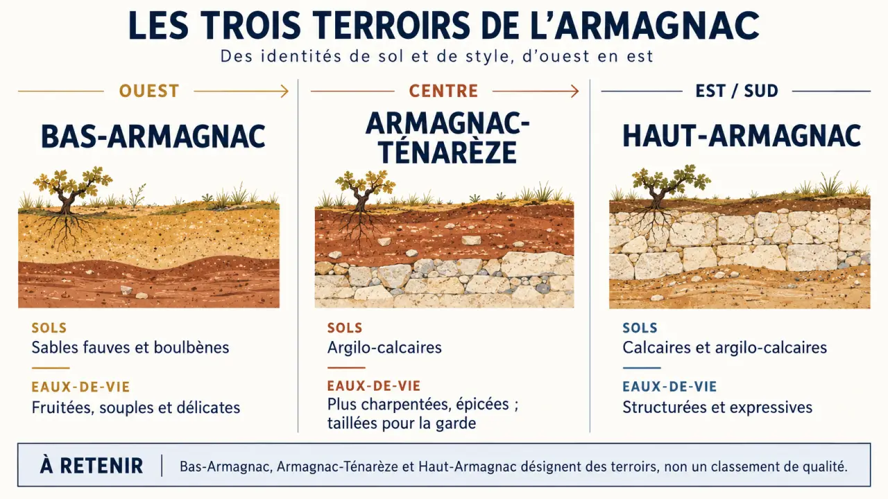 Infographie de la armagnac region présentant les trois terroirs Bas-Armagnac, Armagnac-Ténarèze et Haut-Armagnac