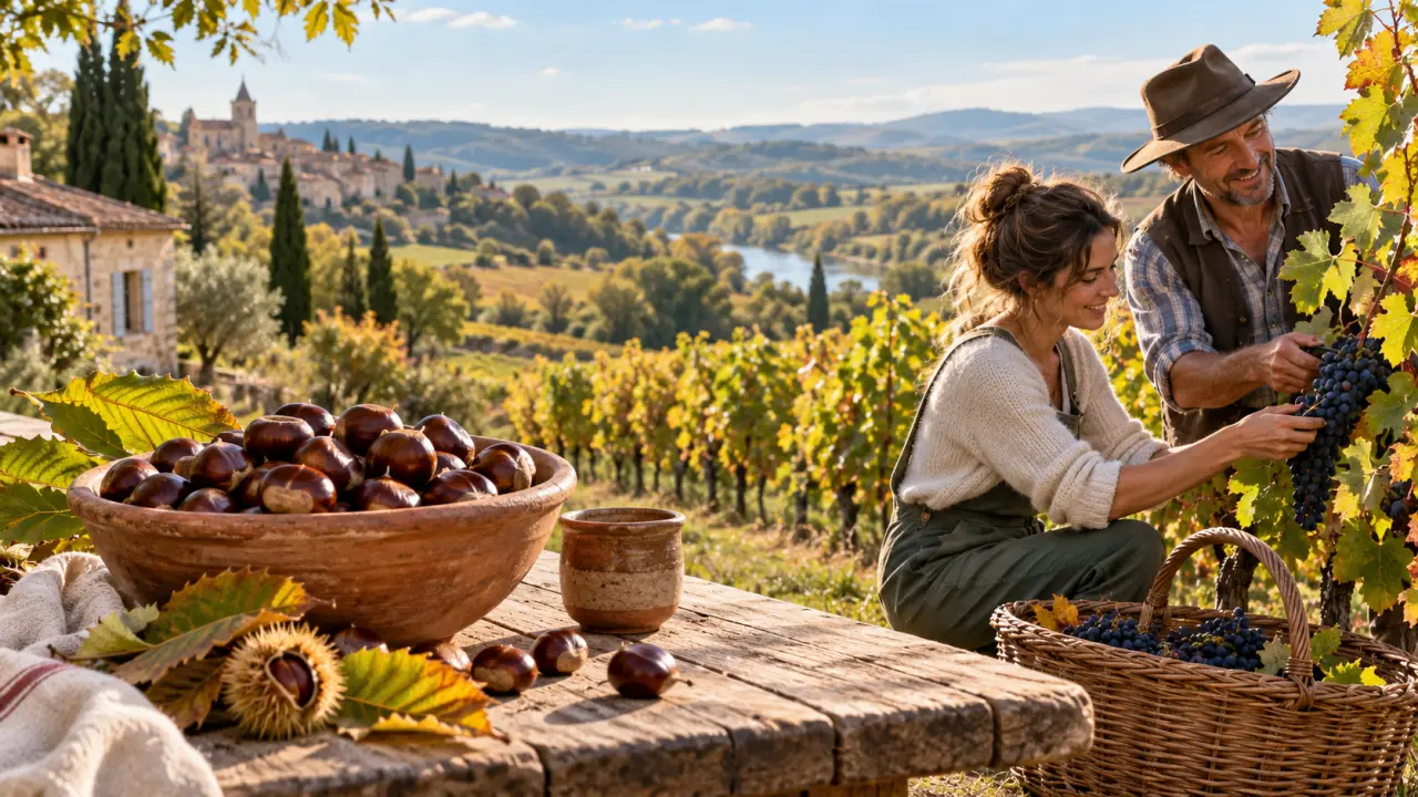 Paysage viticole français au fil des saisons, avec une table rustique et des produits du terroir